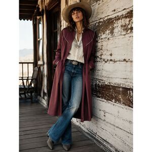 Vintage Burgundy Western Trench Coat Belted Raincoat Long Coat 7/8